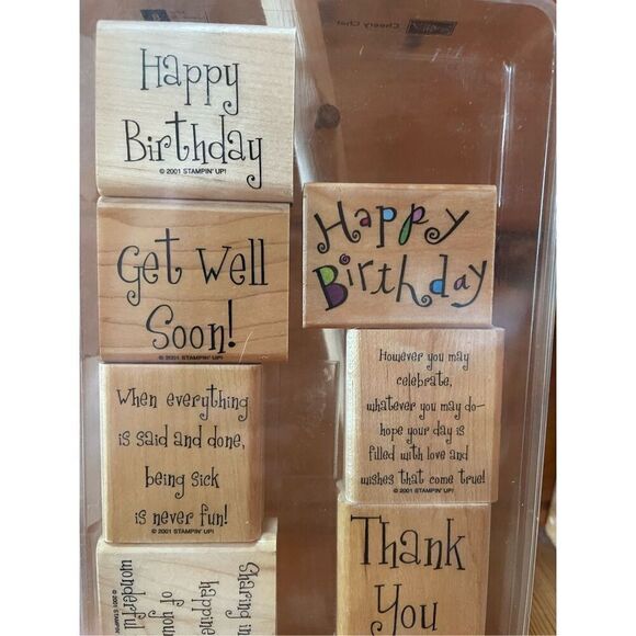 Stampin Up Cheery Chat set of 9 Rubber Stamps Wood Mounted Case - Picture 3 of 4